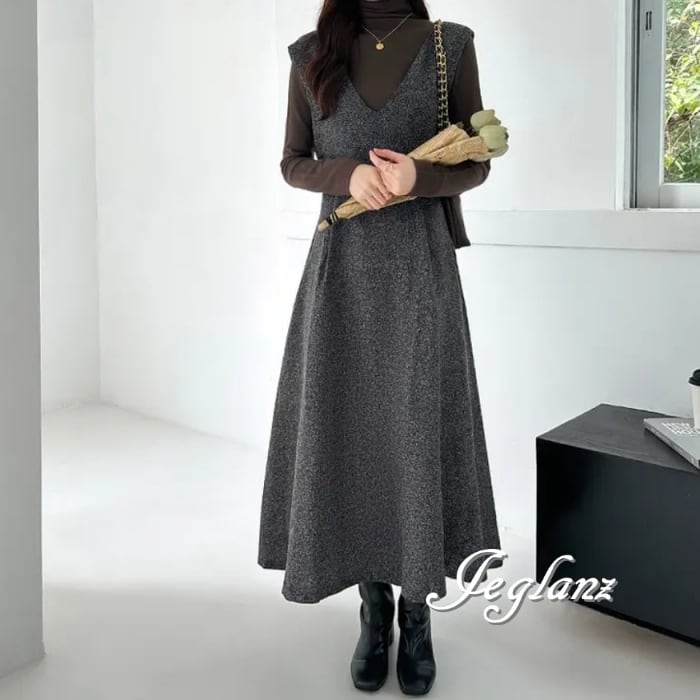 上品 ニット ジャンスカ サロペ スカート Vネック 着やせ 着回し(M8896)