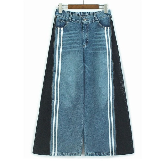 LACE SIDE STITCHED WIDE LEG DENIM PANTS 4colors M-14072