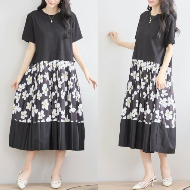 ワンピース 花柄プリーツ 切替 reve bleu C38-759 M~L ブラック ワンピース 花柄プリーツ 切替 reve bleu C38-759 M~L ブラック