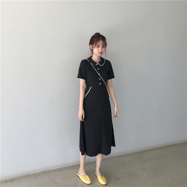 フリルレース 襟付きワンピース ブラックワンピース 半袖 ミモレ丈 フォーマル 二次会 パーティー ガーリー レトロ More Lluze モア ルーゼ