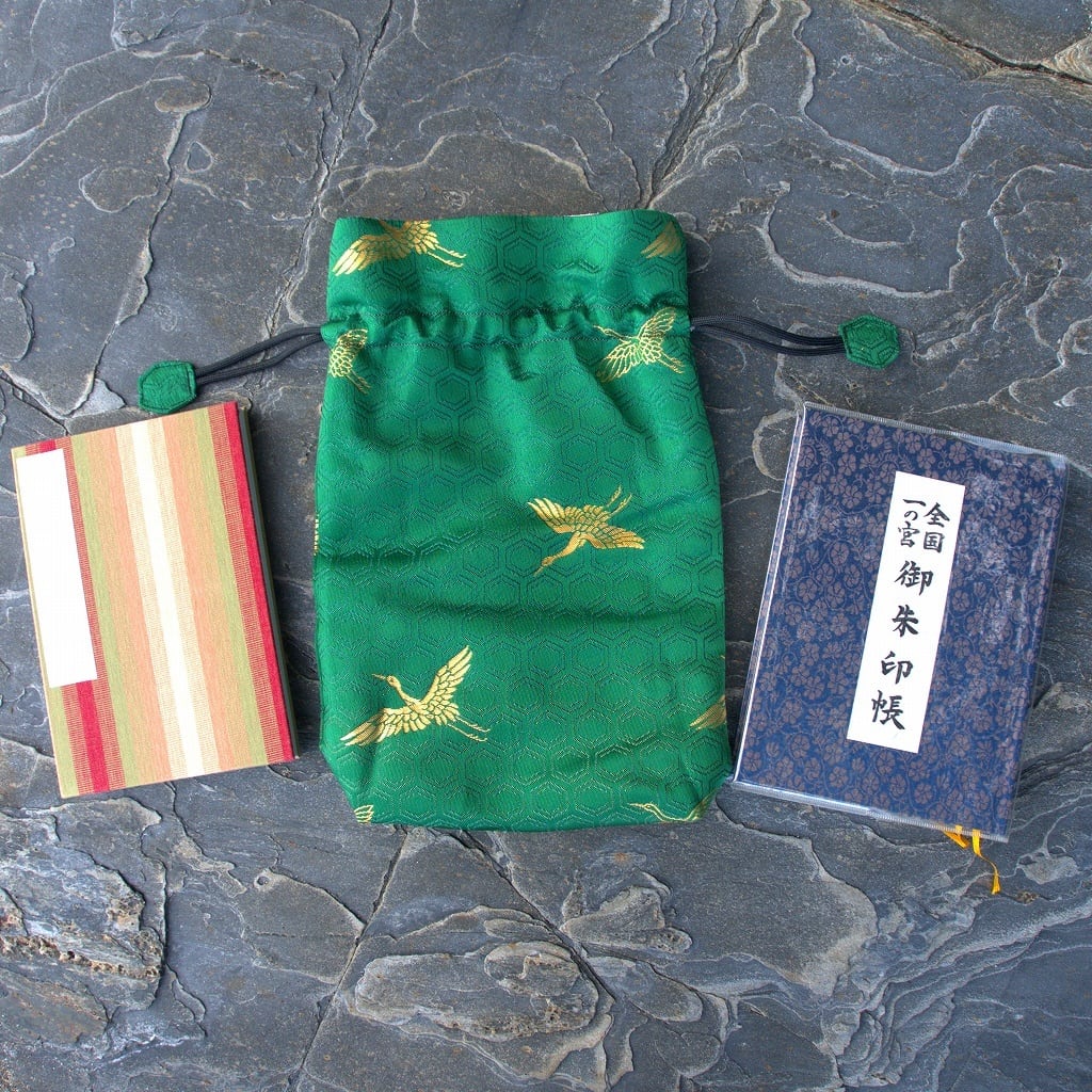 着物リメイク*御朱印帳ケース（巾着袋）鶴亀柄 Kimono upcycling