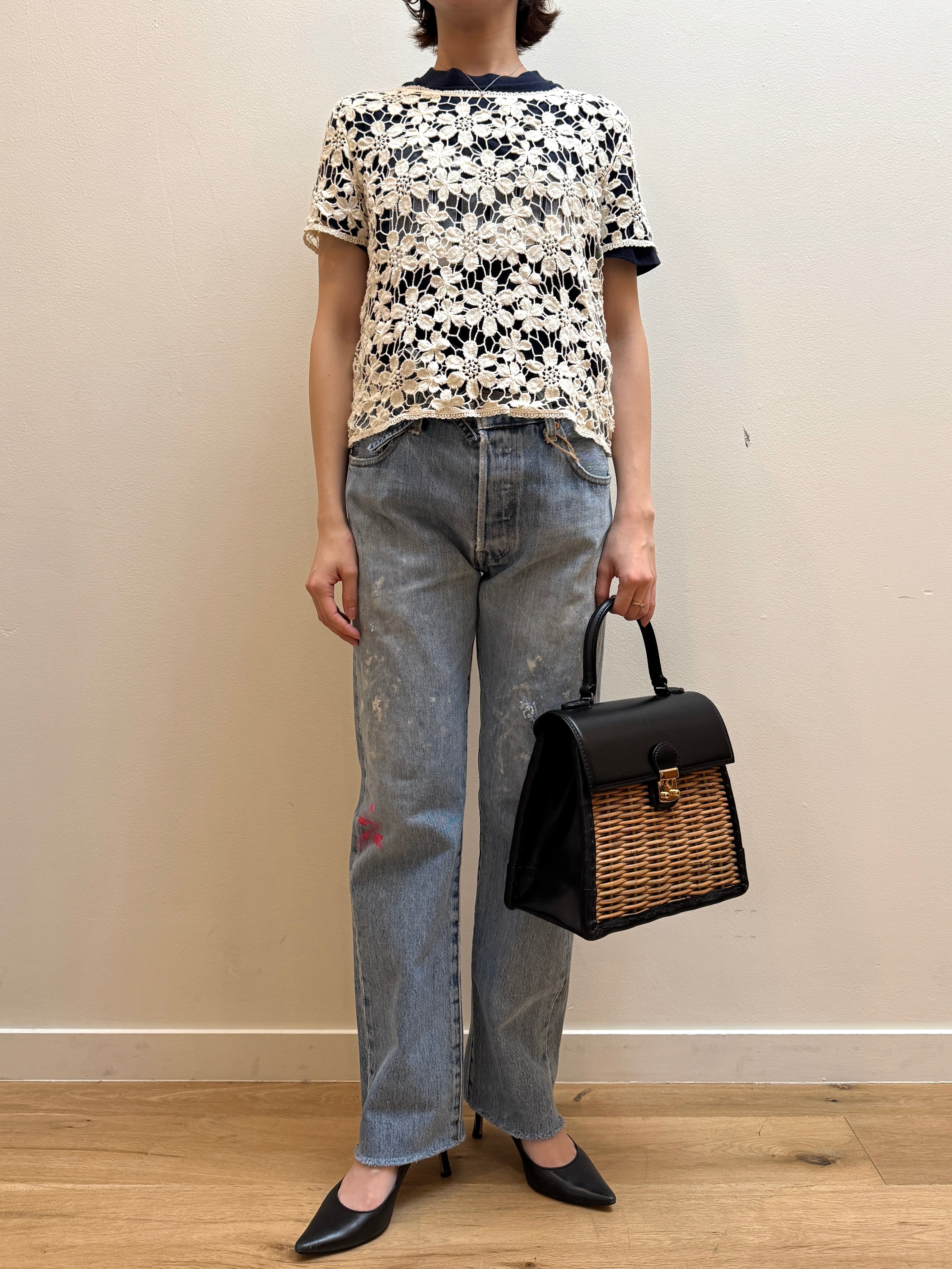 CU11-17 USED FLOWER LACE TEE -WHITE-