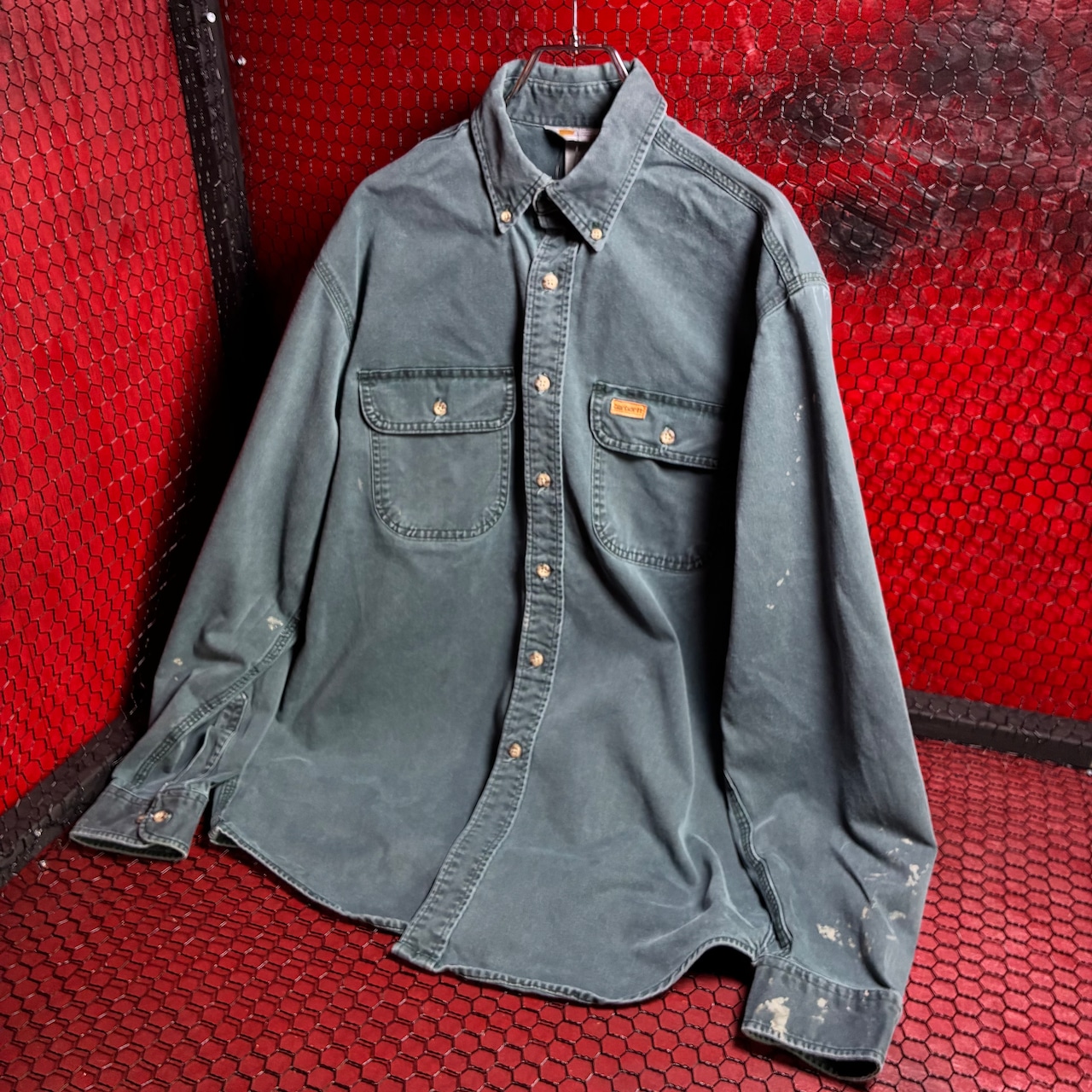 90s Carhartt ダックシャツ ペンキ リアルワーク グリーン カーハート
