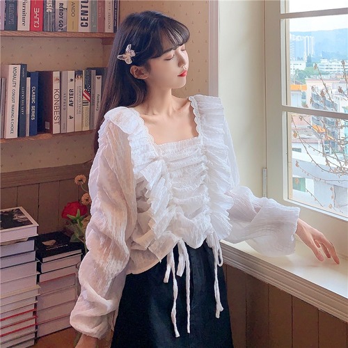 ✞ ギャザースリーブ白シャツブラウス ホワイト スウィート スクウェア ✞ゴスロリ SM ミリ 甘ロリ クラロリ 和ロリ エレガント 黒ロリ 姫ロリ 華ロリ BB-BB5564477982