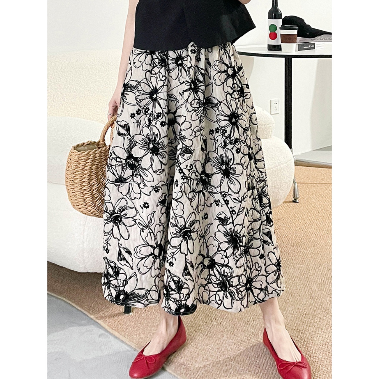モノトーン 花柄ロングスカート 10011