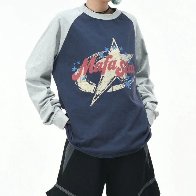 クラックレターグラフィックラグランルーズフォルムTシャツ 2col R02573