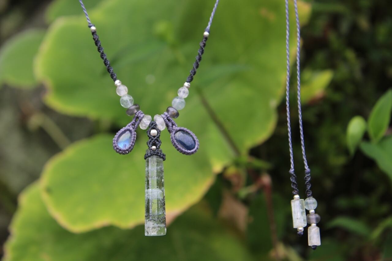 Aqua marine & Rainbow moonstone & Kyanite micro macrame necklace