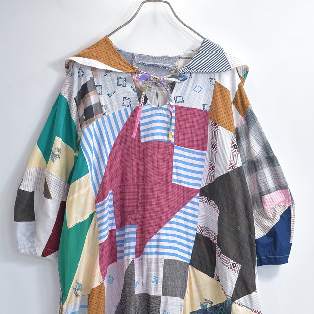 Remake リメイク 再構築 デザイン パッチワークキルトトップ 幾何学模様 セーラーカラー ロングワンピース Aライン レディースL～XL相当