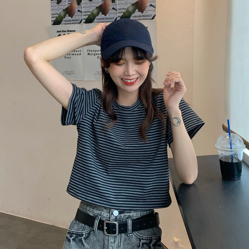ストライプショートTシャツ サマーハイウェストウェストクロップドトップス 夏物 スーパーモール71383006769