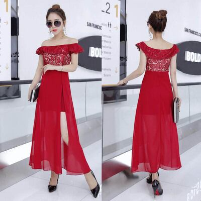 【新作】【送料無料】 2023 夏の韓国女性のワンライン襟シフォンウエスト痩身レースヒップハグドレス 8073 0192266251245