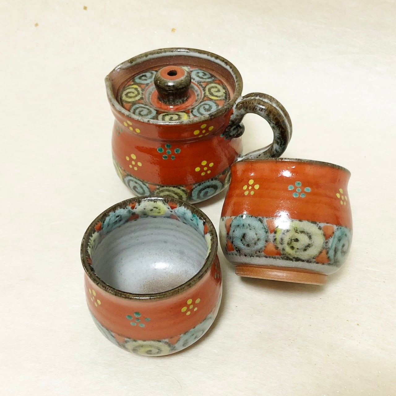 <赫三郎窯>赤絵 色渦梅鉢紋 小茶器セット