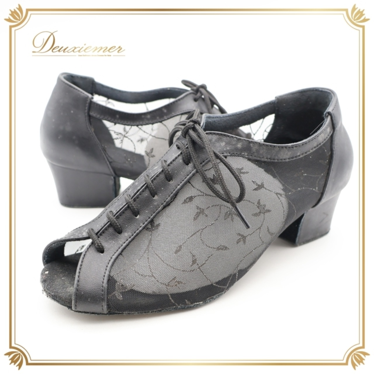 社交ダンス 衣装 シューズ ブラック系 23.5cm 靴 くつ ヒール 黒 オープントゥ メッシュ リボン ダンス衣装 上品 かわいい イベント ステージ パーティー 練習 レッスン キラキラ オールブラック