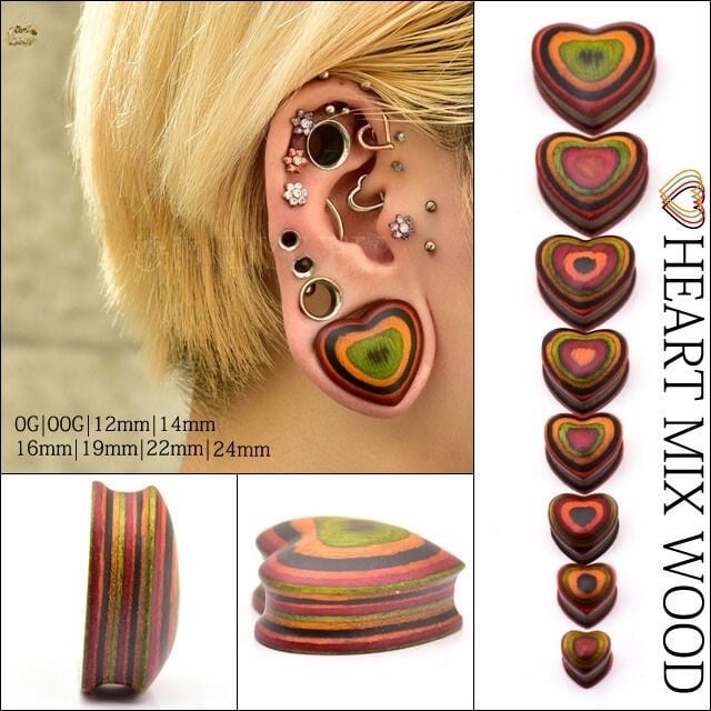 ボディピアス 0G 00G 12mm ハート MIXウッド ハンドメイドピアス