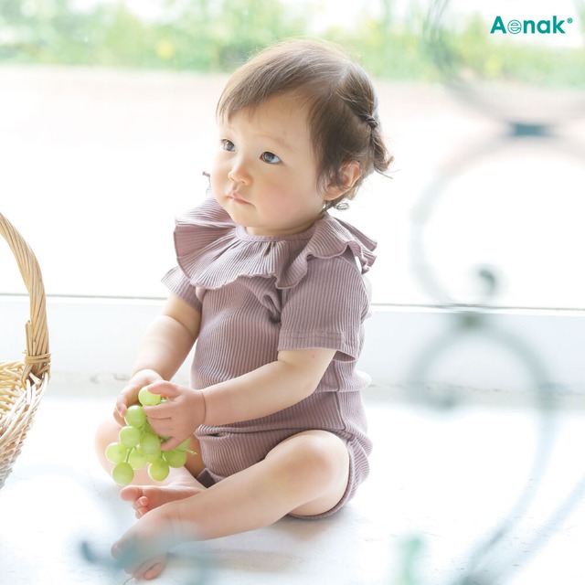 [60-90cm]5色展開 半袖フリルリブロンパース