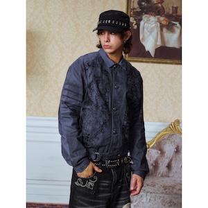 【DRIP6890】YAD CREW Distressed Baroque Print Washed Twill Short Jacket