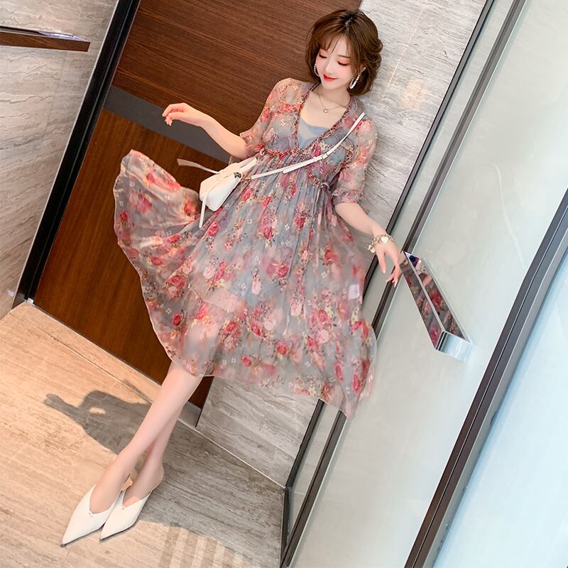 Vネックプリーツハイウェストプリント柄ドレス サマー 夏物 シルク MIUCO90443300589