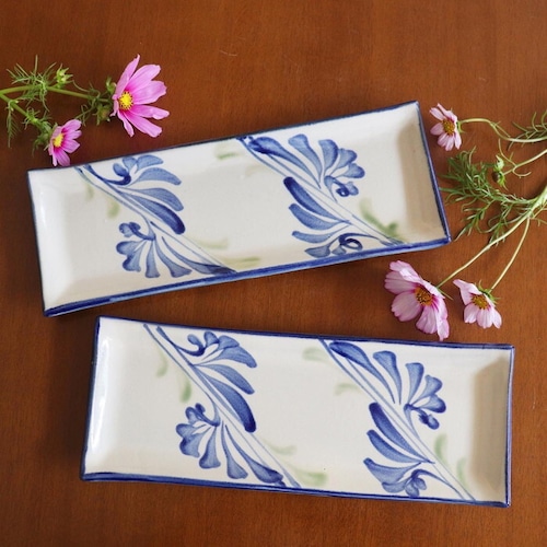 やちむん 陶眞窯 長角皿 サンマ皿 唐草 Yachimun Rectangular plate #127