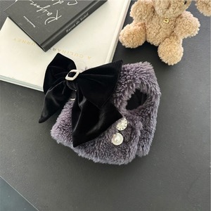 即納【bowbow】コージーシアリングベスト(チャコール)+リボンブローチ