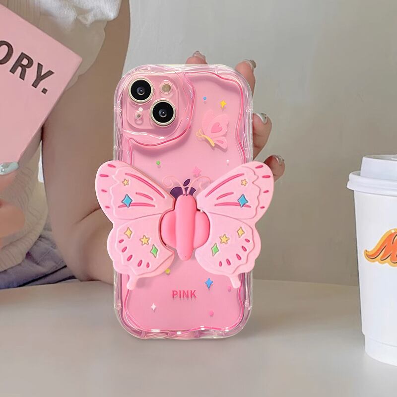 【iPhone全機種対応】今にも飛び立ちそう◎蝶々 ピンク 透明ケース スマホグリップ ウェーブフレーム カメラ保護フレーム バタフライ クリアケース 韓国っぽ PINK スマホケース ND-15285