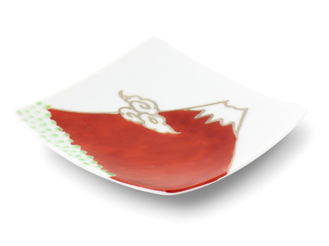 色絵銀彩赤富士図9cm角小皿