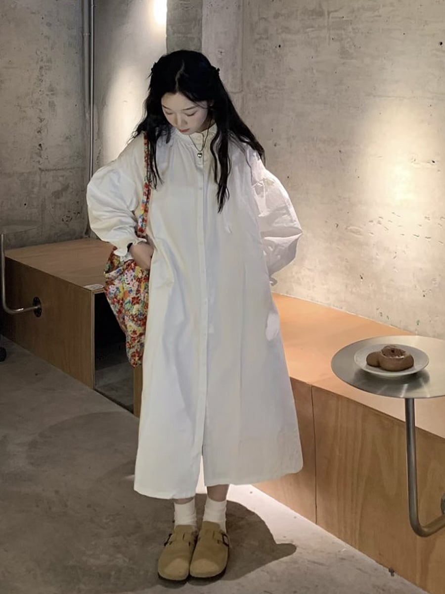 ◆シャツワンピース シャーリング フレア 長袖 韓国トレンド ホワイトシャーリングカフス長袖ワンピース 長袖ワンピ ロング