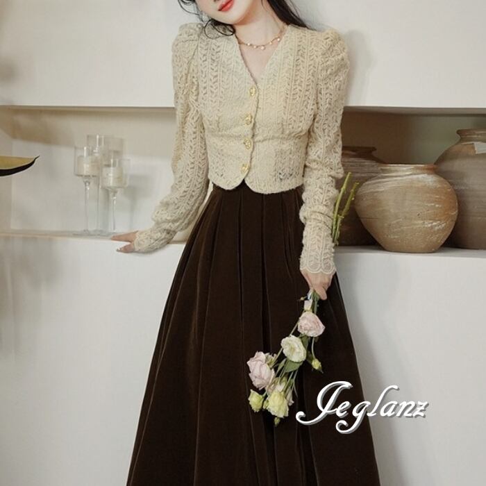 セットアップ 2点 パール付き リーフ柄 カーディガン Aライン スカート きちんと感(M5934)λ