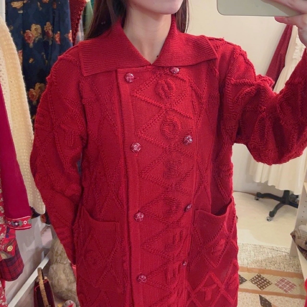 red diamond pattern double button knit