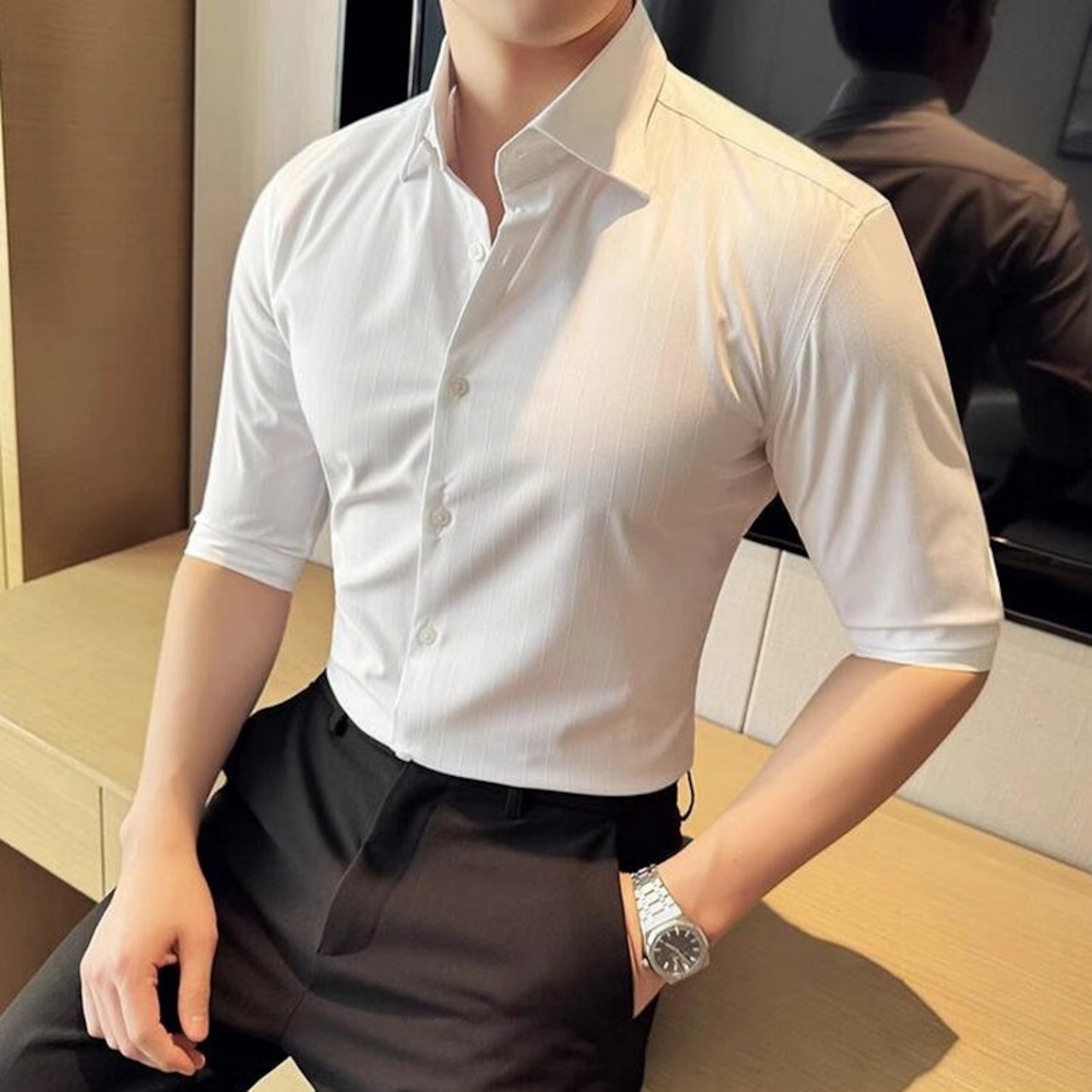 pointed collar 3/4 sleeve shirt 00344