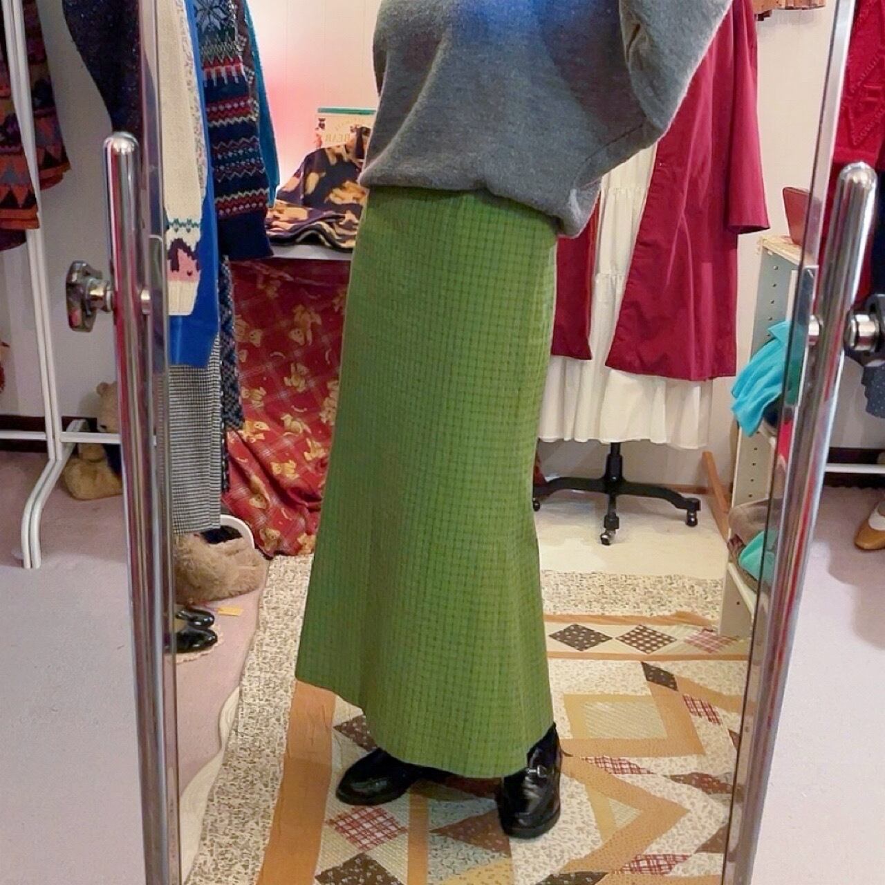 light green check long skirt