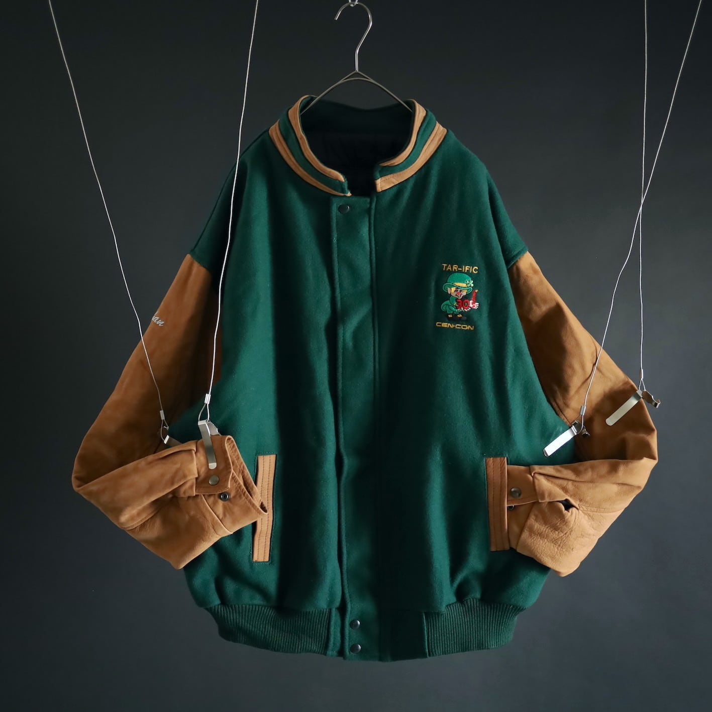 over silhouette green melton wool × beige leather switching design stadium  jumper