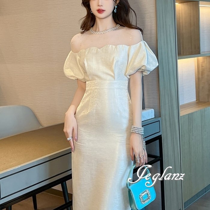 3色 パーティ ドレス ワンピース 異素材 レース 水玉 ビジュー 透け感(M9757)ε