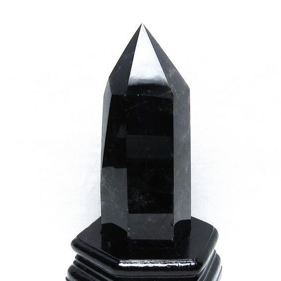 黒水晶 六角柱 モリオン ポイント 置物 一点物 台座付属 152-4328