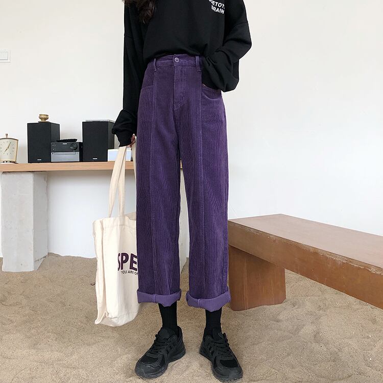 コーデュロイカジュアルパンツレディース2020年秋ニューパープルパンツ学生ルーズワイルドハイウエストストレートワイドレッグパンツ クレセントシティ88208629948