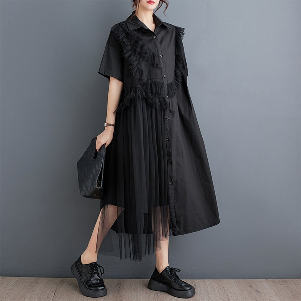asymmetry ruffle sheer onepiece / l0767