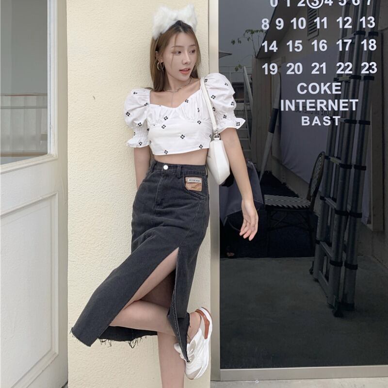 スリーブクロップドシャツ ハイウェストウェストスカート ハンチェンe60287429263