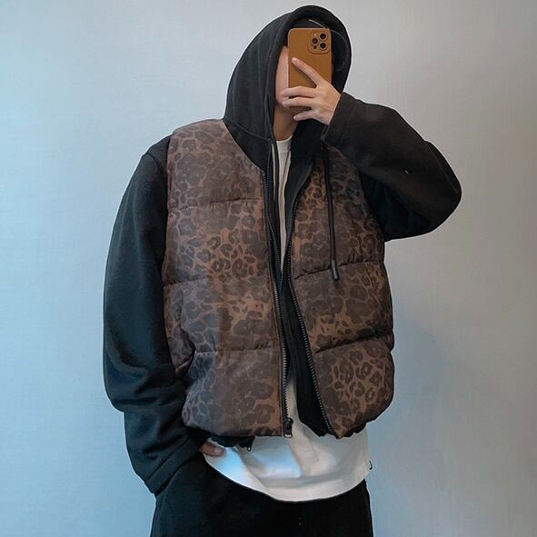 予約販売】ダウンベスト アウター ジップアップ アニマル柄 ヒョウ柄