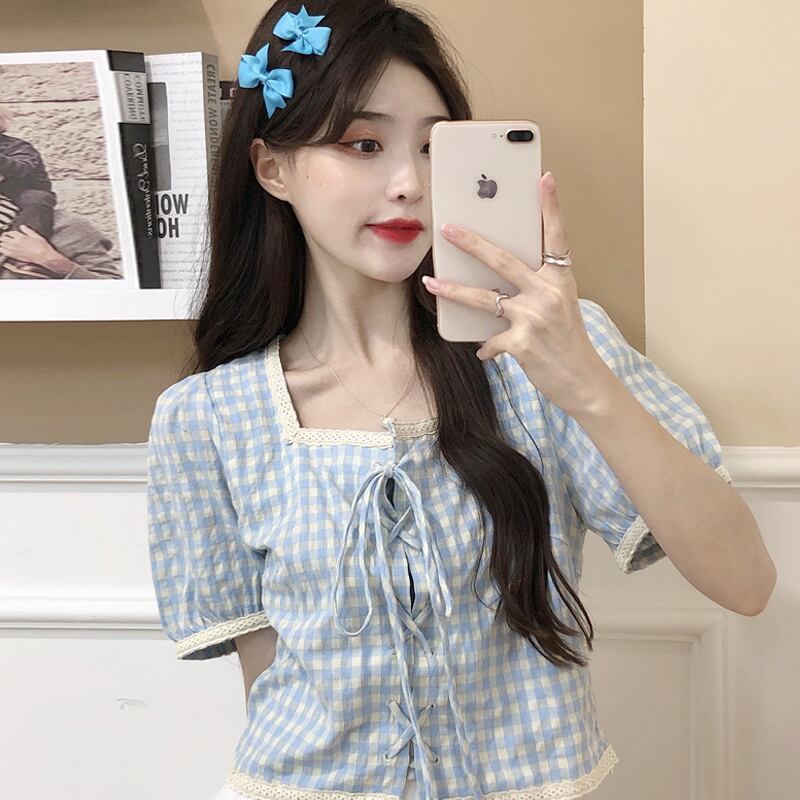 格子柄ショートシャツ サマートップス 大人ガーリー スウィート キュート カジュアル 夏物 スクウェア スーパーモール39306320502