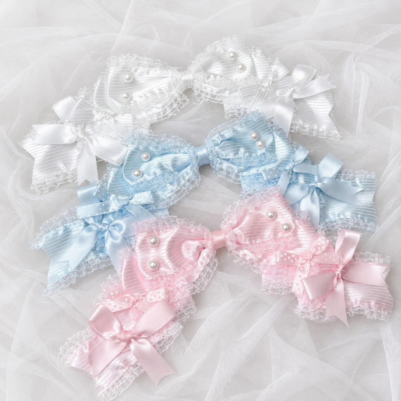 ♡【全6色】ドーリープリンセス パール&ドットサテンリボン 2wayヘアクリップカチューシャ black ♡