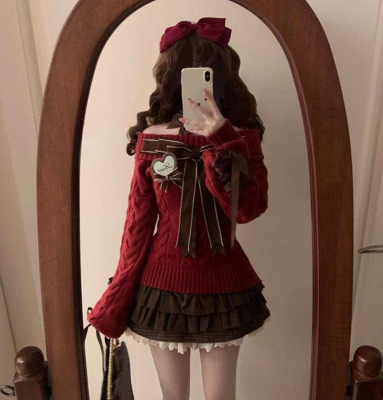 甘ロリ♡全2カラー チョコミントオフショルダーニット tops24