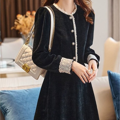 ワンピース 膝丈 レトロ レディース 大きいサイズ フェミニン Aライン ベロア 可愛い 上品 ドレス 二次会 お呼ばれ レース デート 10代 20代 30代 秋 冬 韓国風 オルちゃん トレンド