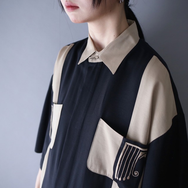 "刺繍" and switching design bi-color over silhouette h/s shirt