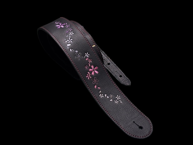 夜桜刺繍ストラップ ブラックレザー