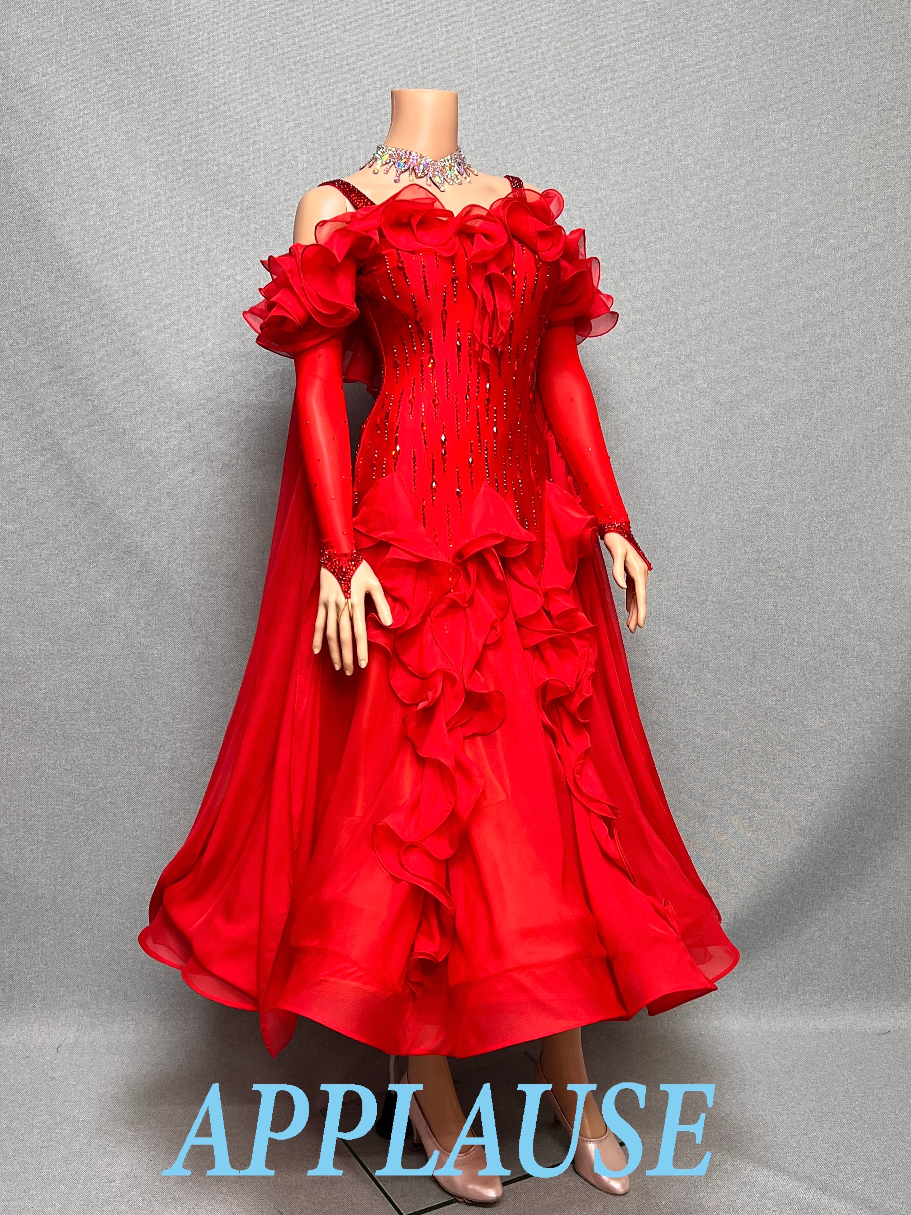 【新着】社交ダンス ドレス　モダン　スタンダード ドレス　　 ST-26-7　　レッド（フリル）　M　デモ・競技用ドレス　発表会　衣装　パーティドレス　ワンピース　舞台衣装