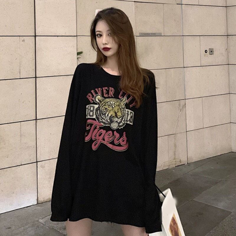 ブラックTシャツ レディーススプリングプリント柄トップス ロング 春物 YY-ファッション85313218424