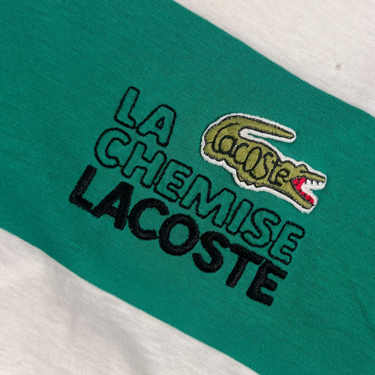 70s 80s CHEMISE LACOSTE シュミーズラコステ 文字ワニ 太ボーダー 半袖 Tシャツ サイズ 3 /グリーン×ホワイト系 メンズ ビンテージ