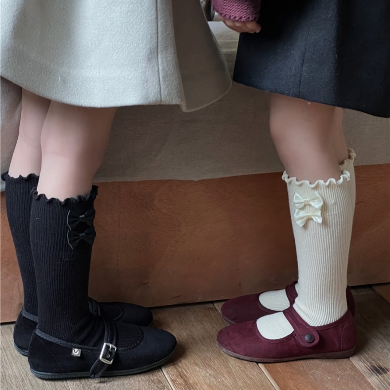 秋フリル蝶結びリプハイソックス