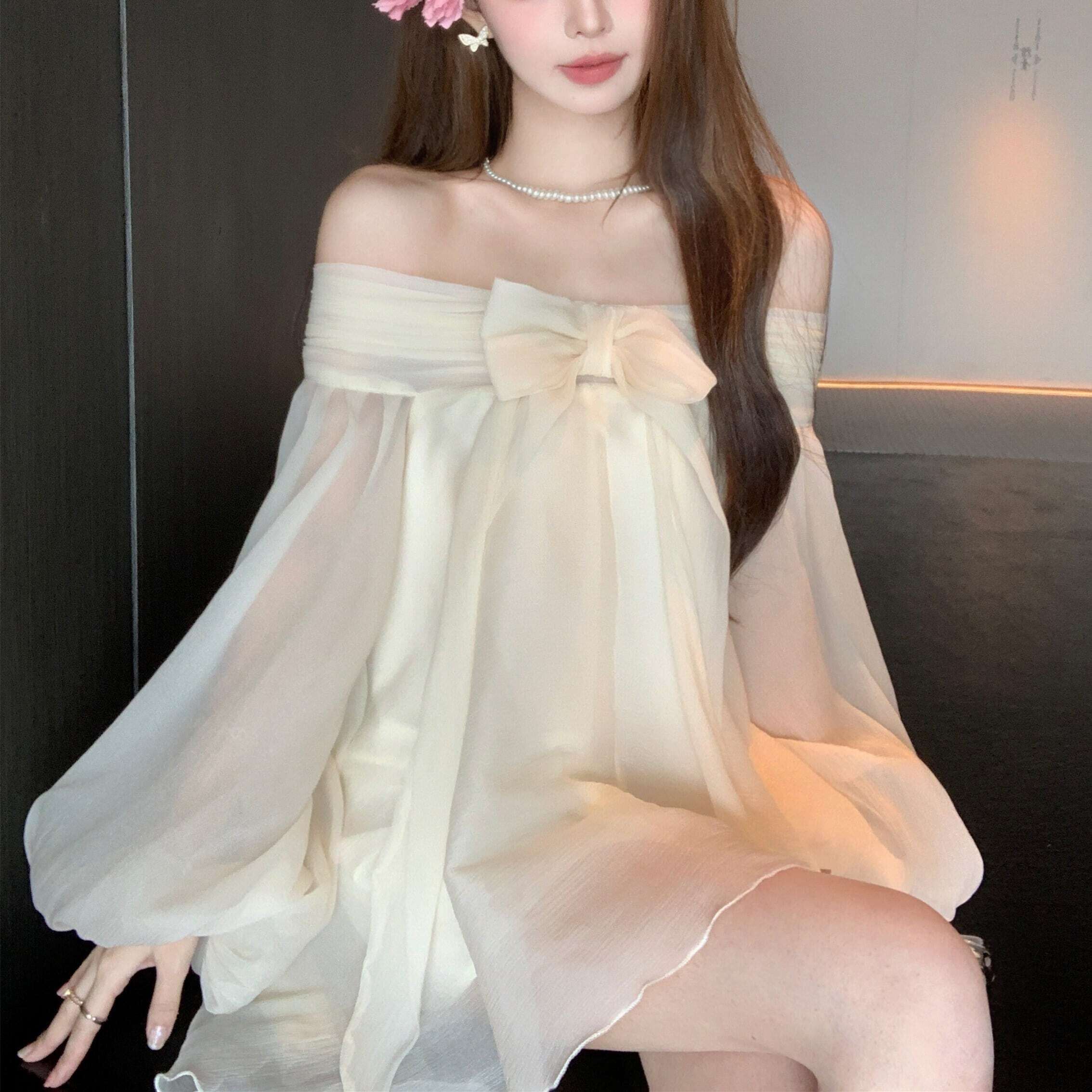 dress】リボン付きオフショルダーミニワンピース MA0112 dress】リボン付きオフショルダーミニワンピース MA0112
