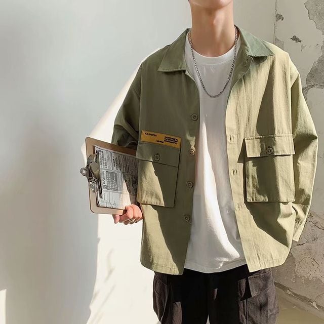 【予約販売】シャツ ミリタリー 長袖 アメカジ メンズ オーバーサイズ カーキ ARMY カジュアル シンプル こなれ感 お洒落 韓国 トレンド 春 夏 秋 M/L/XL/2XL