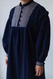 Navy wool dress with woven yoke