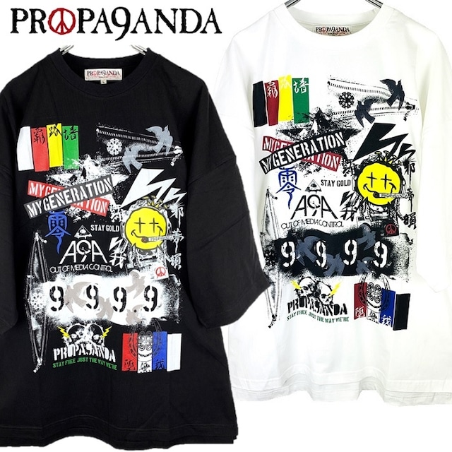 【20%OFF SALE】PROPA9ANDA / プロパガンダ「BLOW GRAFF BIG TEE」ビッグＴシャツ オーバーサイズ ワンピース 半袖 五分袖 黒白 ブラック ホワイト ニコちゃん スマイル TATOO 漢字 和柄 スカル ドクロ メンズレディース 大きい UK パンクロック PUNK ROCK バンド ギフト ステージ衣装 Rogia